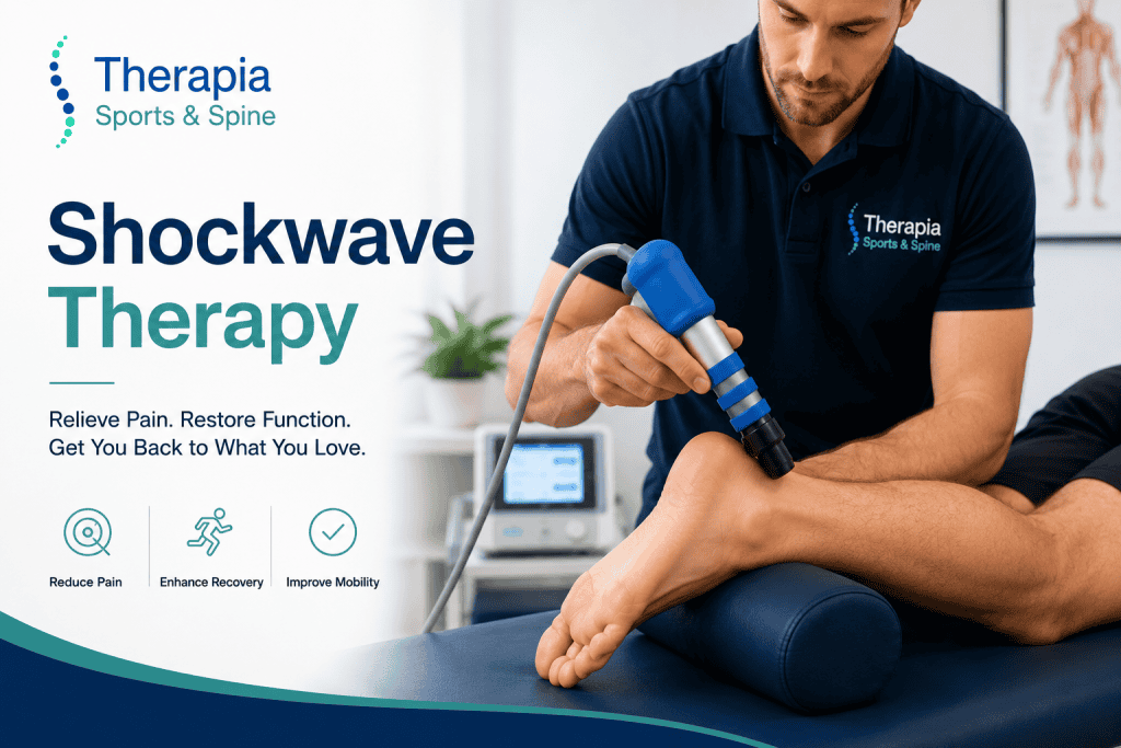 Therapia sports and spine clinic performing shockwave therapy on patient's leg in Adelaide CBD.