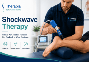 Therapia sports and spine clinic performing shockwave therapy on patient's leg in Adelaide CBD.