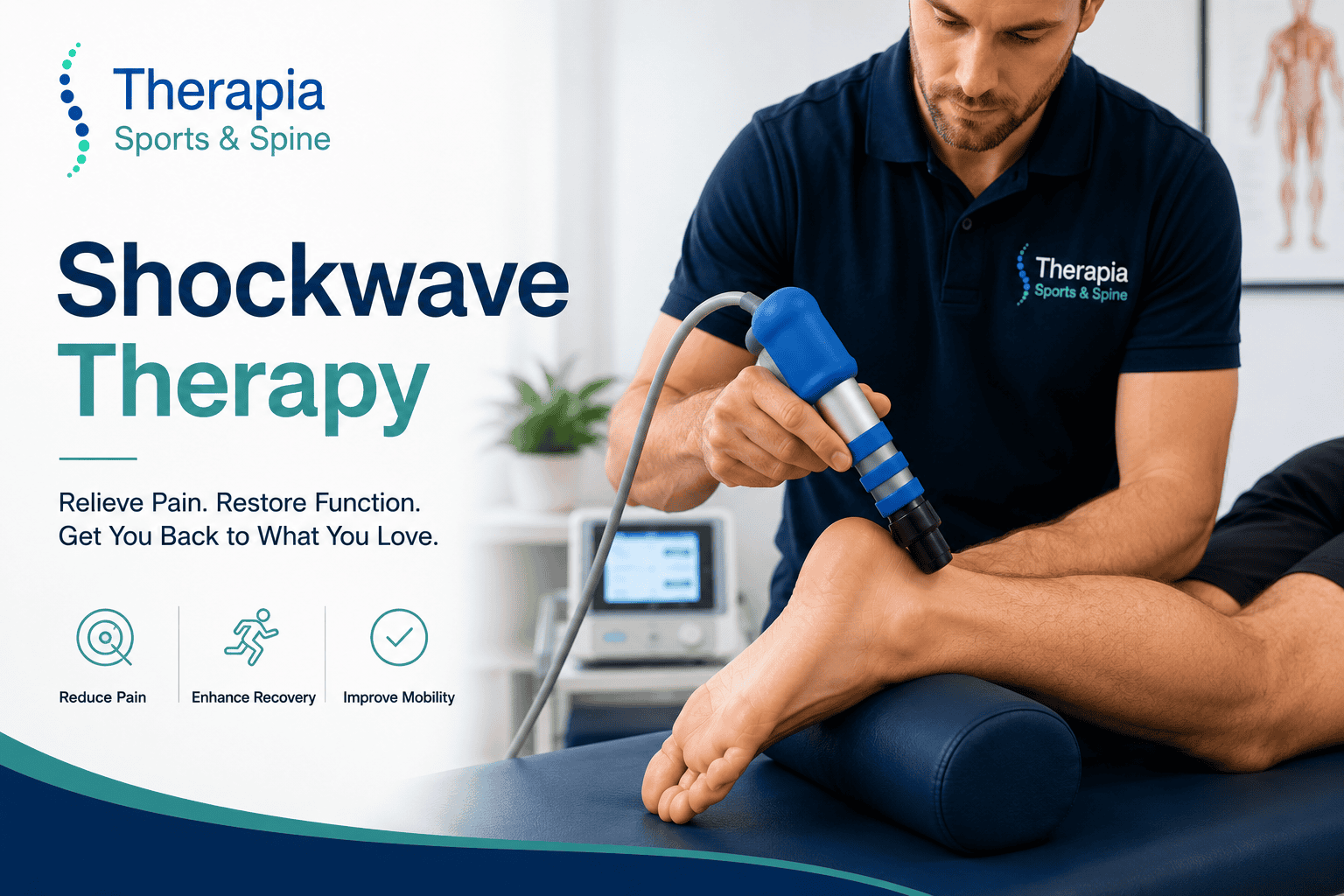 Therapia sports and spine clinic performing shockwave therapy on patient's leg in Adelaide CBD.